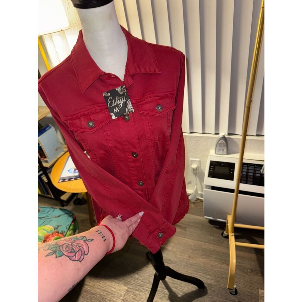 Red Button-Up Denim Jacket - Picture 7 of 13